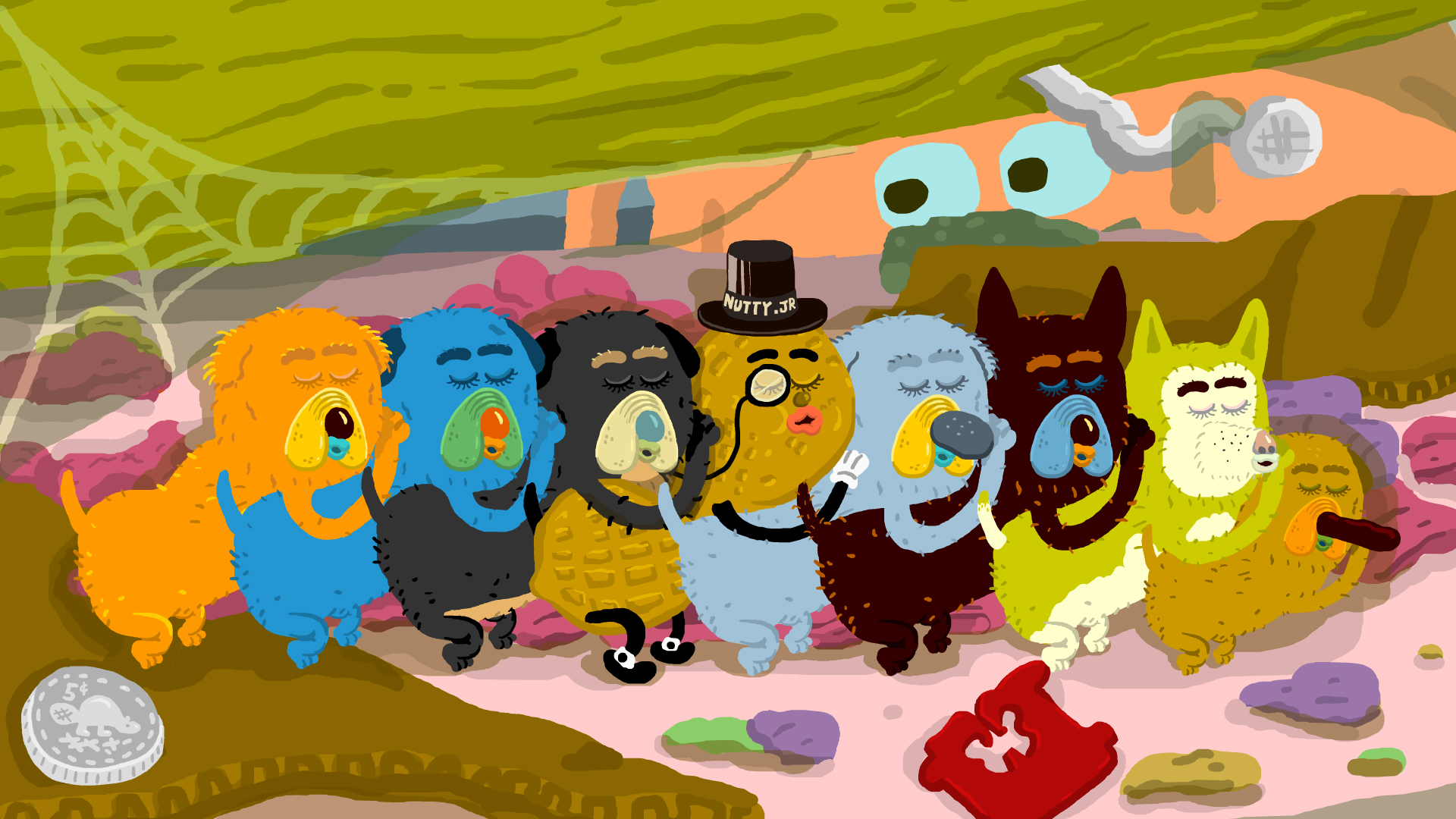 Komunitní víry Barevná ilustrace skupiny malých chlupatých, fantazijních tvorů ležících vedle sebe v řadě se zavřenýma očima. Každý má jinou barvu a tvar, jeden nosí cylindr a monokl. Scéna působí hravě a odehrává se v nepořádku plném drobků, drobných předmětů a pavučin.