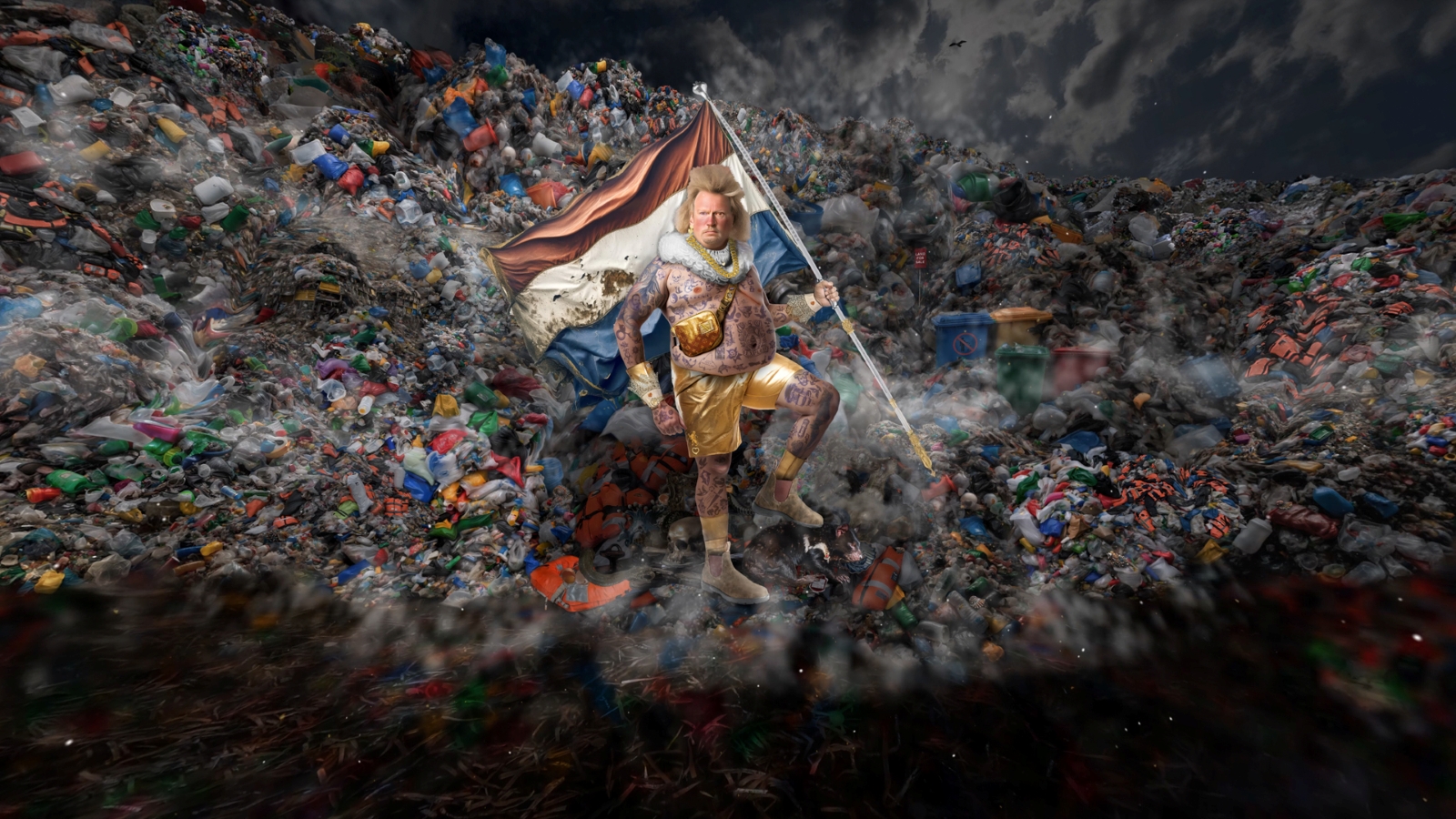 Virtuální realita Fantazijní scéna muže v kostýmu pózujícího s vlajkou na vrcholu hromady odpadků pod dramatickou oblohou.